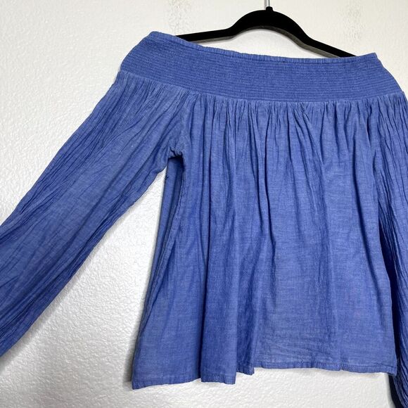 MAJE Top Medium Blue Lova Bleu Off Shoulder Smocked Blouse Long Bell Sleeve - Picture 3 of 8